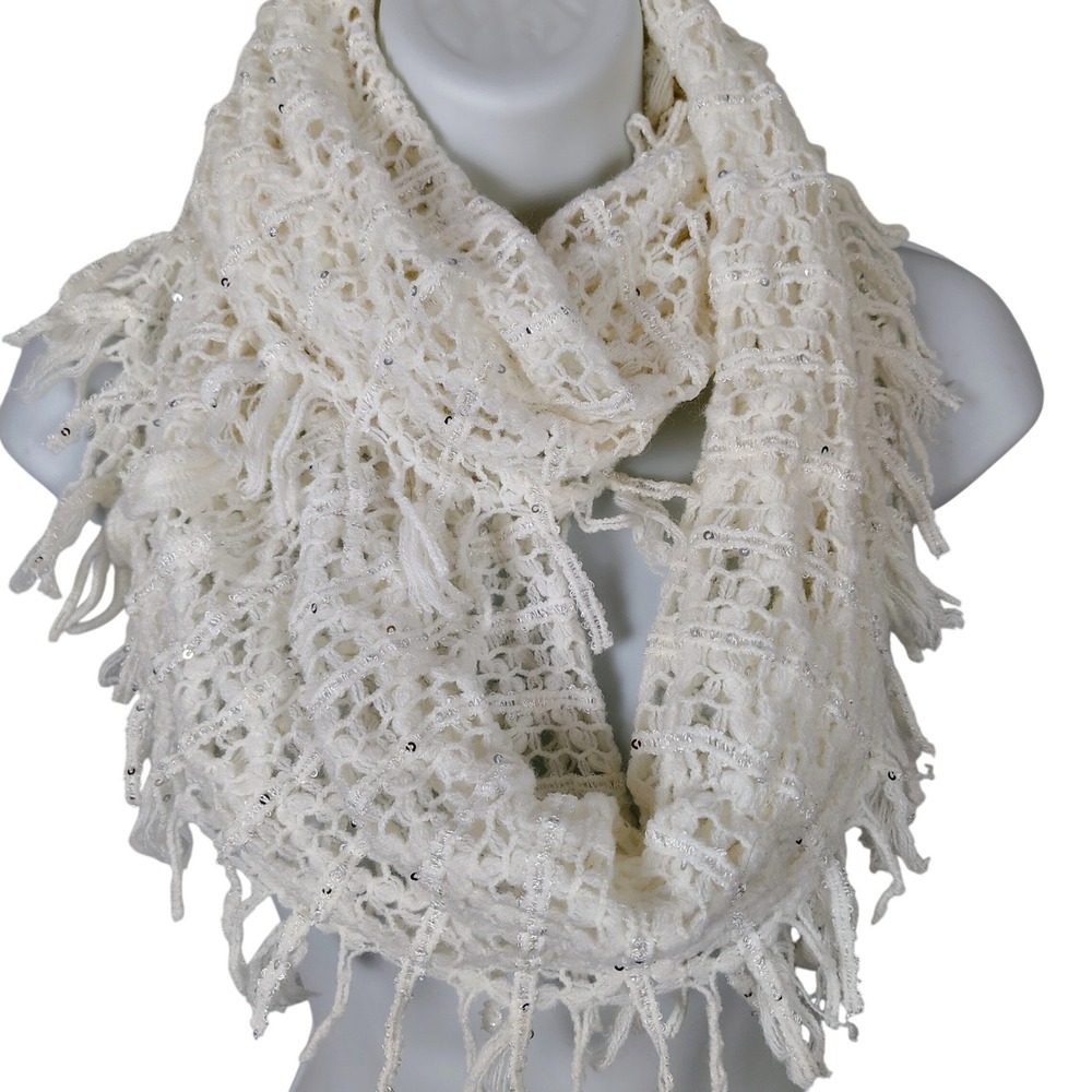 Cream White Crochet Infinity Scarf Silver Sequins Fringe coquette romantic